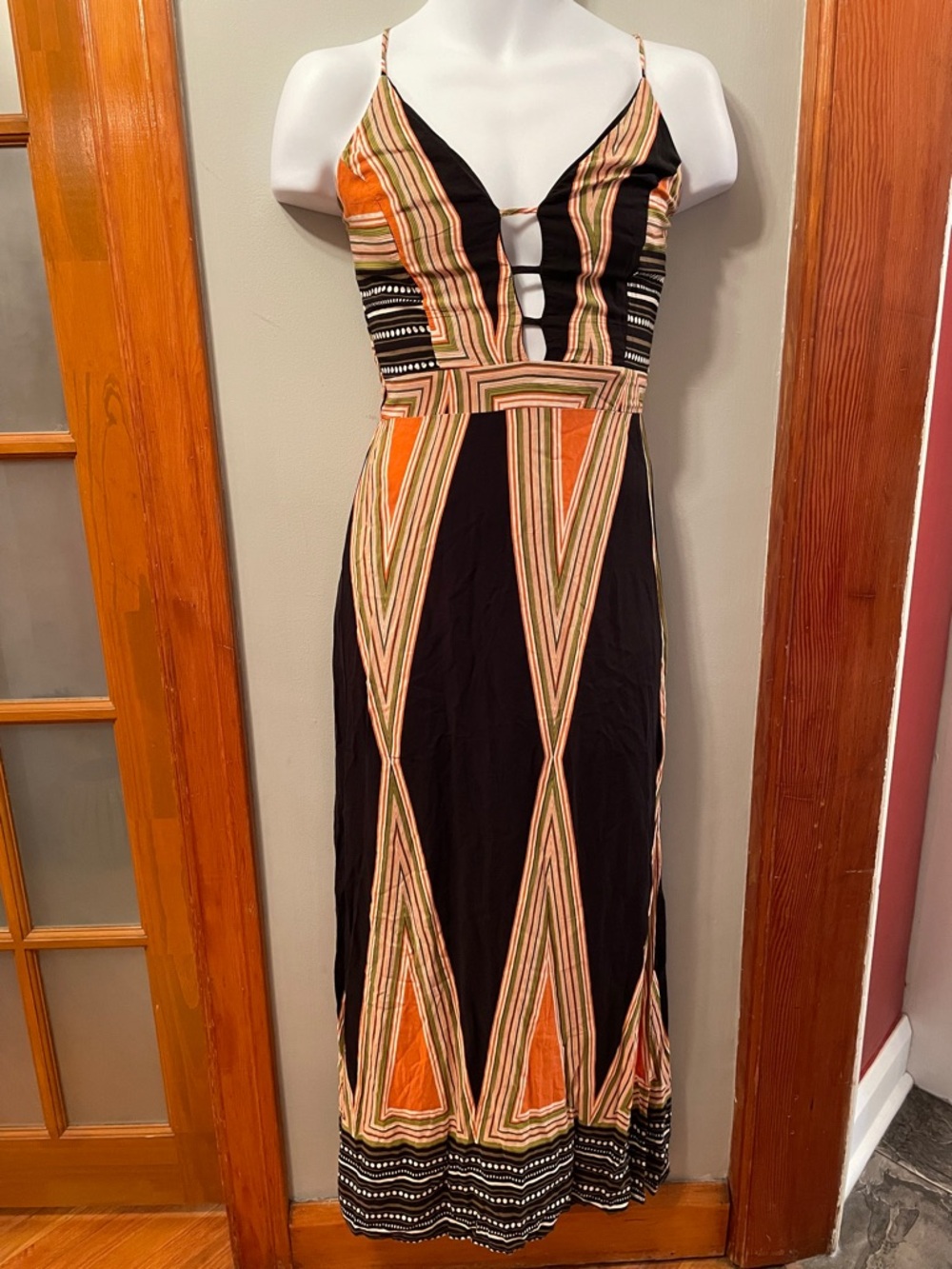 FASHION MCM Geometric Print Spaghetti Strap Side-Slit Boho Hippie Maxi Dress